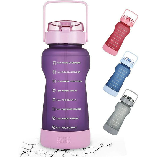 Half Gallon Water Bottle with Time Marker and Straw Workout Leak-proof Water Bottle for Adults and Kids 64oz Water Chug Jug with Protective Silicone Boot (Purple)