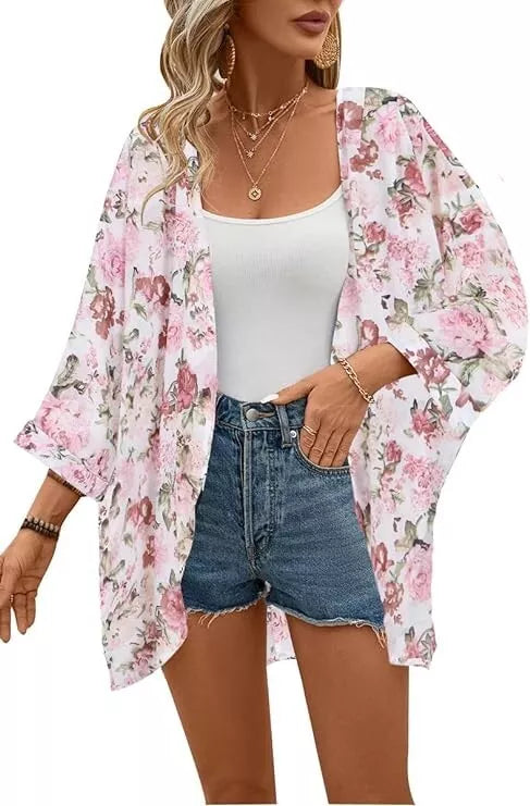 Women's Floral Print Sheer Chiffon 3/4 Bat Sleeve Casual Loose Kimono Cardigan Capes