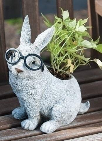 Roman 10091 Exclusive White Rabbit Wearing Silly Black Spectacles Planter, 9-Inch, Made of Dolomite