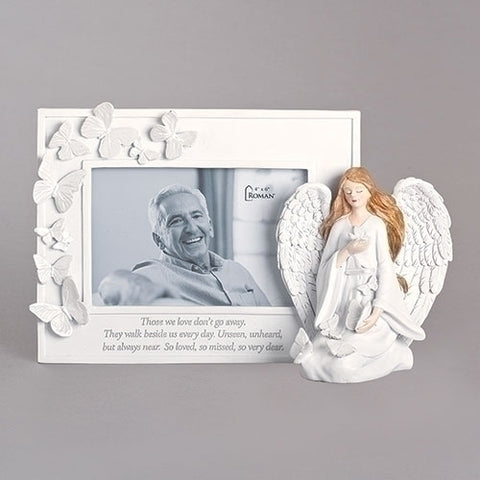 Roman 12505 Butterfly Memorial Frame with Angel, 6.75-inch Height, Resin and Stone Mix