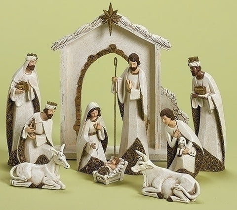 Roman Dropship 31379 Ivory and Gold Christmas Nativity 10 Piece Set Holiday Decoration