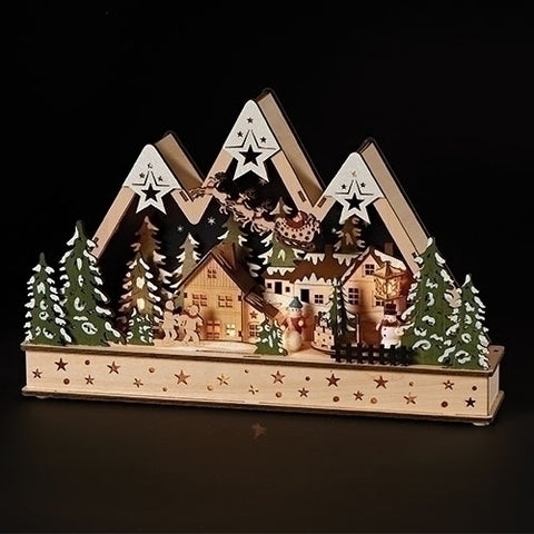 Roman 134563 Led Woodworks Lighted Village Scene, 11.5" H, Santa Flying Over Mountain