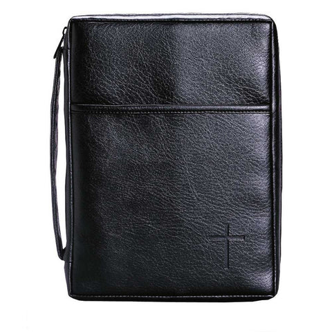 Dicksons BC-830 Soft Black Embossed Cross with Front Pocket X-Large Leather Look Bible Cover with Ha