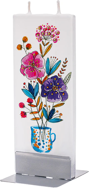 Flatyz D21041 Hand Painted Flat Candle | Unscented, Dripless, Smokeless Flowers in Vase