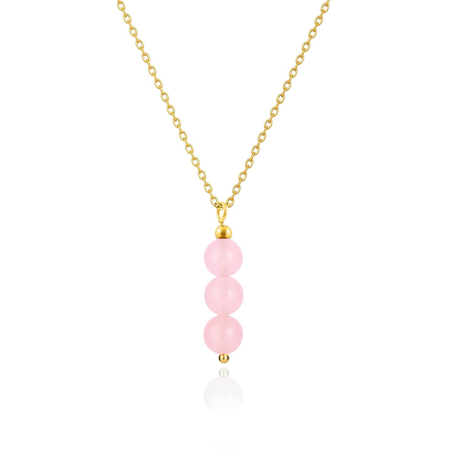 Rose Quartz October Birthstone Necklace,18K Gold Adjustable Chain 6MM Beads Handmade Pendant