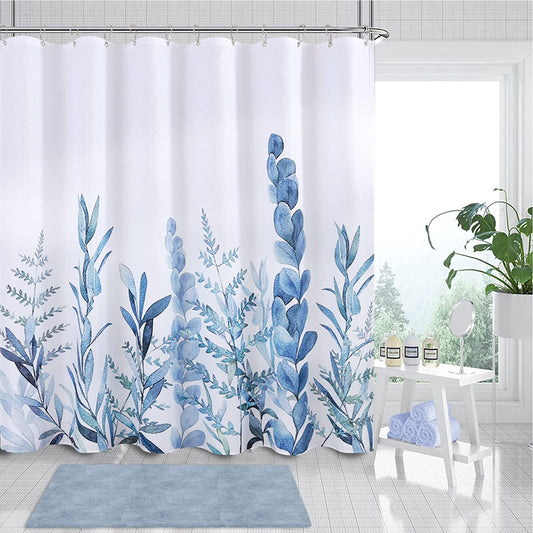 Blue Leaves Shower Curtain with Hooks Water Repellent Washable 72 x 72 In