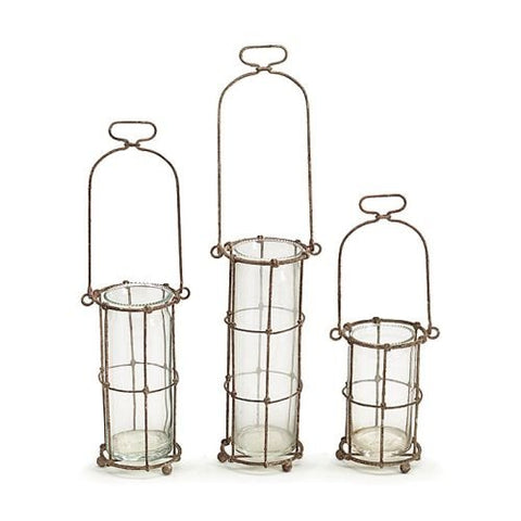 Burton & Burton 9724607 Set of 3 Metal Basket Hanging Vases with Glass Inserts