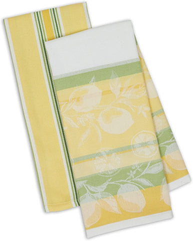 Design Imports 90851 Dish Towel Set 2 Riviera Lemons Yellow Green Includes 1 Lemon Print & 1 Stripe