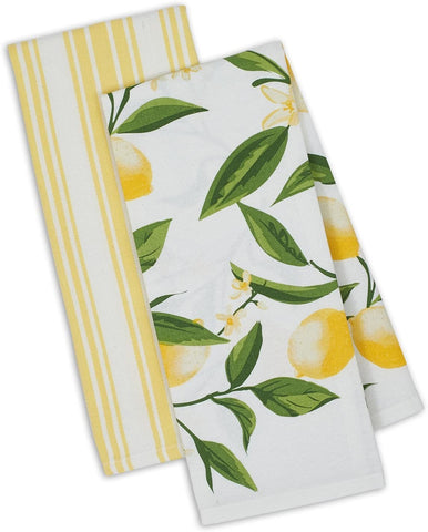Design Imports 90841 Kitchen Dish Towel Set 2 Lemon Bliss Yellow Green Lemon Print & Yellow Stripe