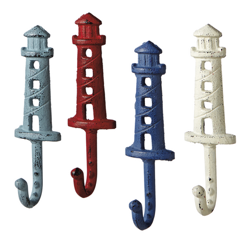 Ganz 119700 Lighthouses - Antique Style Weathered Wall Hooks Set of 4 - Aqua, Red, Blue, White