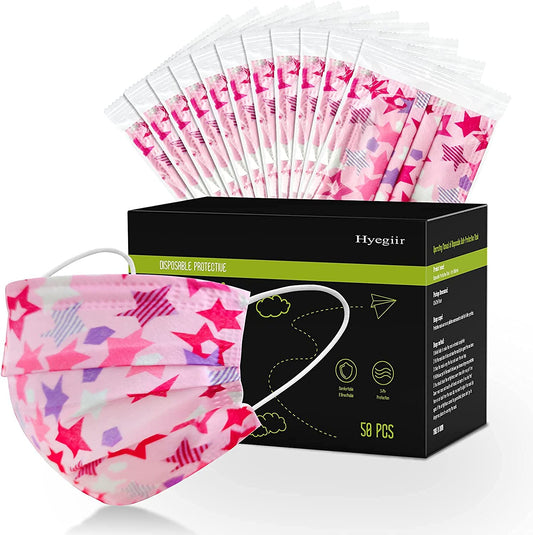 50 Pck Individually Wrapped Kids Stars Face Masks 3-Ply Disposable Pink Non-woven Breathable