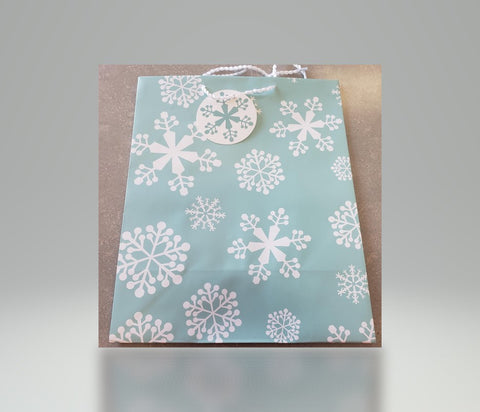 Hallmark White Snowflake on Teal Bag W/ Snowflake Gift Tag
