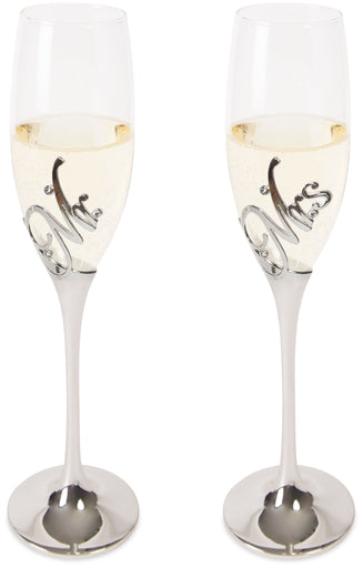 Pavilion 85106 Glorious Occasions Mr. & Mrs. Wedding Toast Champagne Glass Flute Set, 8 oz, Silver
