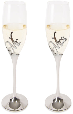 Pavilion 85106 Glorious Occasions Mr. & Mrs. Wedding Toast Champagne Glass Flute Set, 8 oz, Silver
