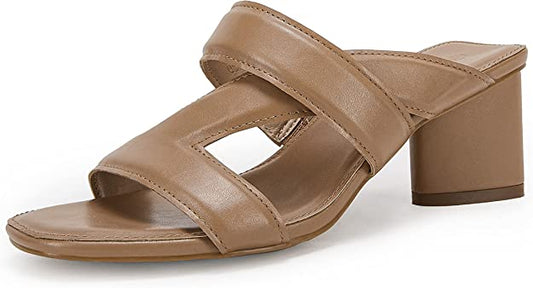 Women's  Heeled Sandals Square Open Toe Backless Block Double Straps Coffee, Size 7