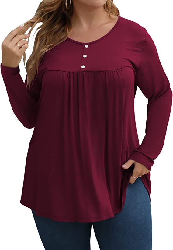 DEFJOOY 3X Plus Size Pleated Blouses Long Sleeve Women Tunic