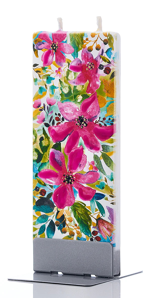 Flatyz D22011 Hand Painted Flat Candle Unscented/Dripless/Smokeless All Over Pink Flowers & Greenery