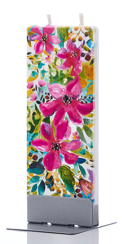 Flatyz D22011 Hand Painted Flat Candle Unscented/Dripless/Smokeless All Over Pink Flowers & Greenery