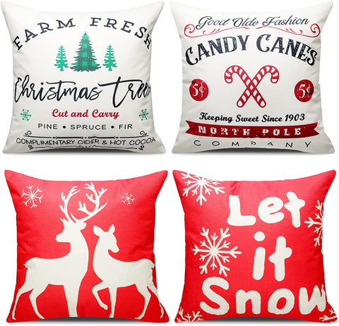Christmas Throw Pillow Covers Set of 4, 18 X18 Inch DIY Xmas Pillow Case Decorations Single Sided Snowflakes Reindeer Printing with Zipper for Outdoor Couch Sofa