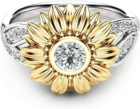 Nepdome 2022 New Exquisite Women's Two Tone Silver Floral Ring Round Diamond Gold Sunflower Jewel