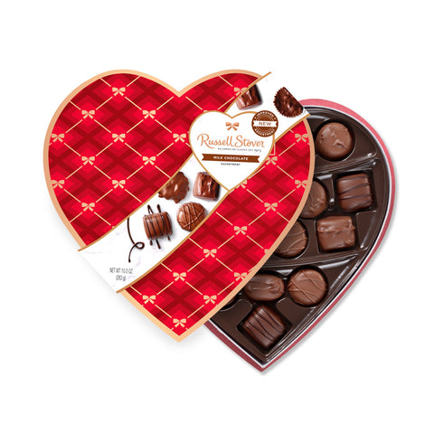 Russell Stover 2213 Milk Chocolate Copper Bow Plaid Heart, 10 oz.