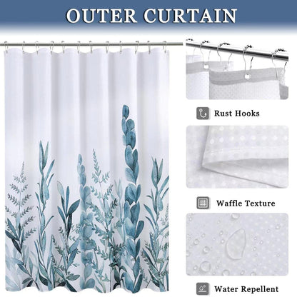 Blue Leaves Shower Curtain with Hooks Water Repellent Washable 72 x 72 In