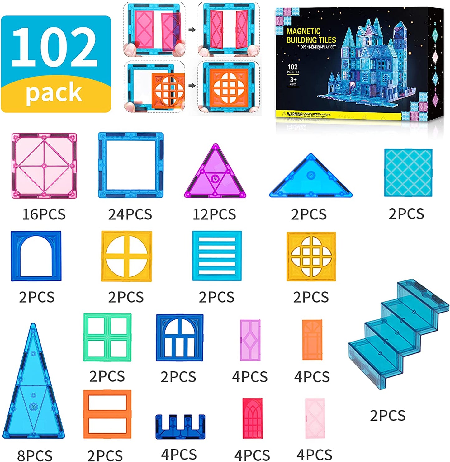 AXYES Magnetic Tiles, Magnetic Building Blocks 102PCS