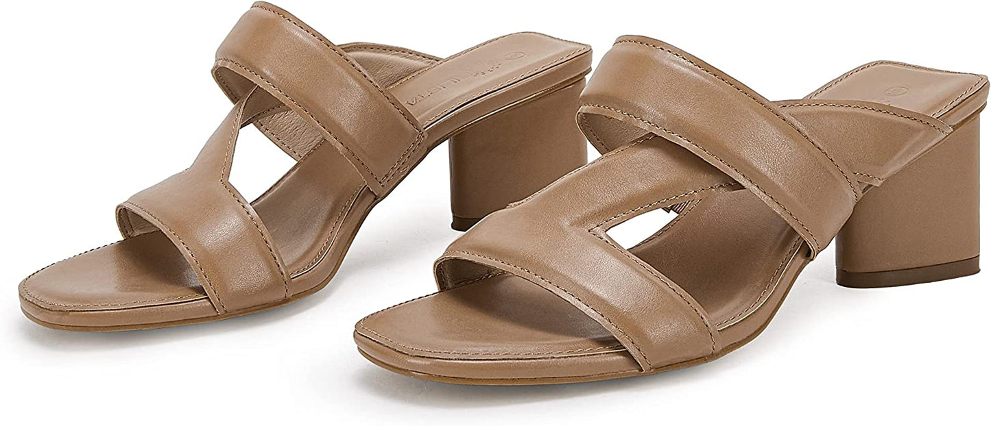 Women's  Heeled Sandals Square Open Toe Backless Block Double Straps Coffee, Size 7