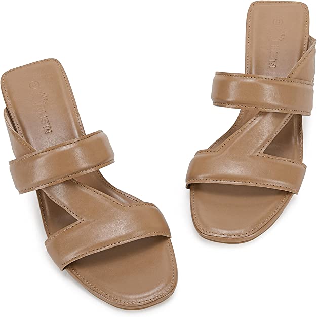 Women's  Heeled Sandals Square Open Toe Backless Block Double Straps Coffee, Size 7