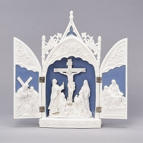 Roman Dropship 22513  Crucifixion Triptych Ivory With Deep Blue 7 x 14 Resin Stone Tabletop