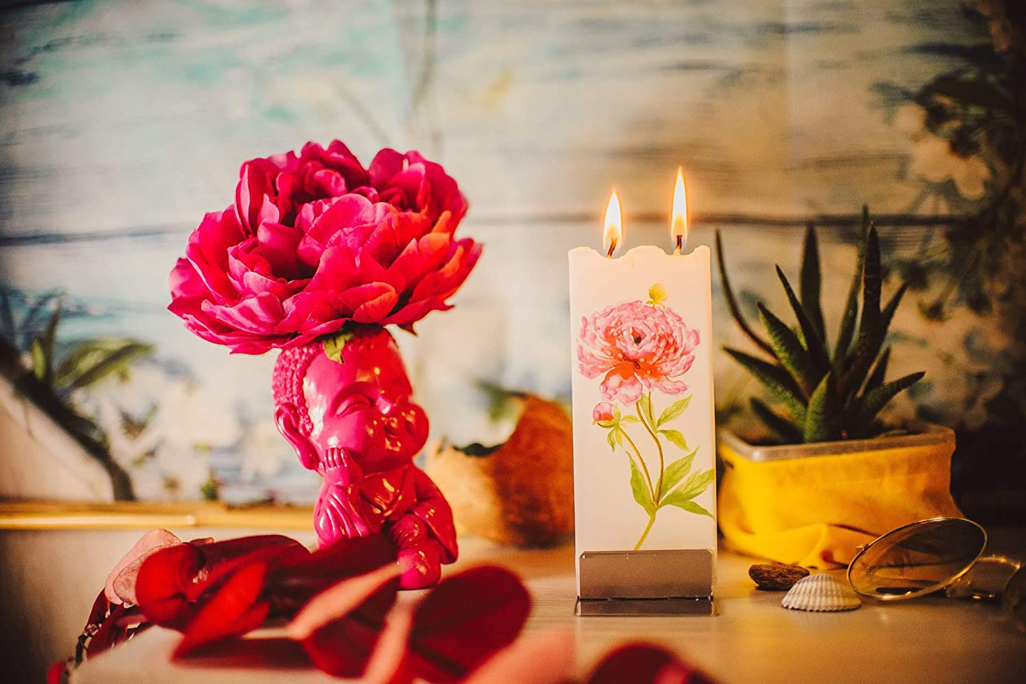Flatyz D19036 Hand Painted Flat Candle Unscented, Dripless, Smokeless Peony