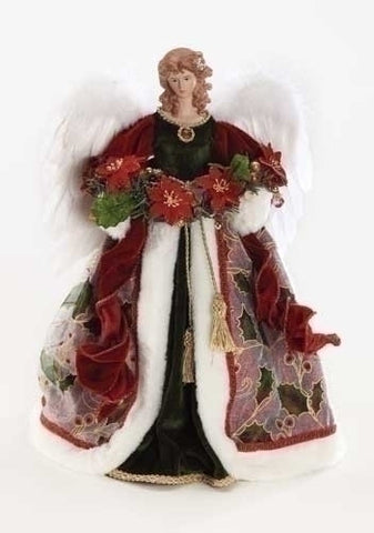 Roman Dropship 32417 Elegant Rosy Red Holly Gown Angel 16" Decorative Tree Topper