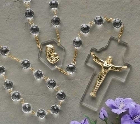 Roman 39039  54" Crystal Wall Rosary Boxed Risen Christ / Madonna and amp - Child 54L X 20mm Rd Beads Acrylic/Metal by Roman