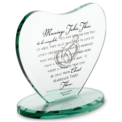 Dicksons Marriage Takes Three Heart Shaped Black Letter 7 x 7.5 Glass Table Top Sign Plaque