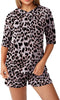 Euovmy Womens Casual Pajamas Short Sleeve Drawstring Hoodies W/Shorts Sleepwear Leopard Print, Large