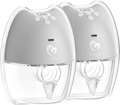 Bellababy Double Wearable Breast Pump (Gray-2Pcs) Hands Free,Low Noise and Pain Free,Long Battery Life,4 Modes 9 Levels of Suction,Fewer Parts to Clean
