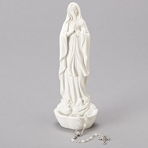 Roman 60375 Our Lady Of Lourdes Bright Ivory 3 x 8 Resin Stone Tabletop Rosary Holder