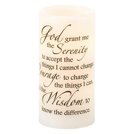 Dicksons Serenity Prayer Calligraphy LED Light-up White 3 x 6 Wax Mold Wickless Pillar Candle