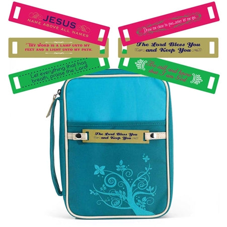 Turquoise Lord Bless You Reinforced Polyester Bible Cover Case with Handle, Large