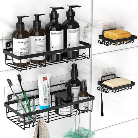 Shower Caddy, 4-Pack Shower Shelves with Soap Dish Holder, No Drilling Shower Organizer with 12 Hooks, Adhesive Shower Shelf for Inside Shower, Wall Mounted Bathroom Shower Storage Rack, Black