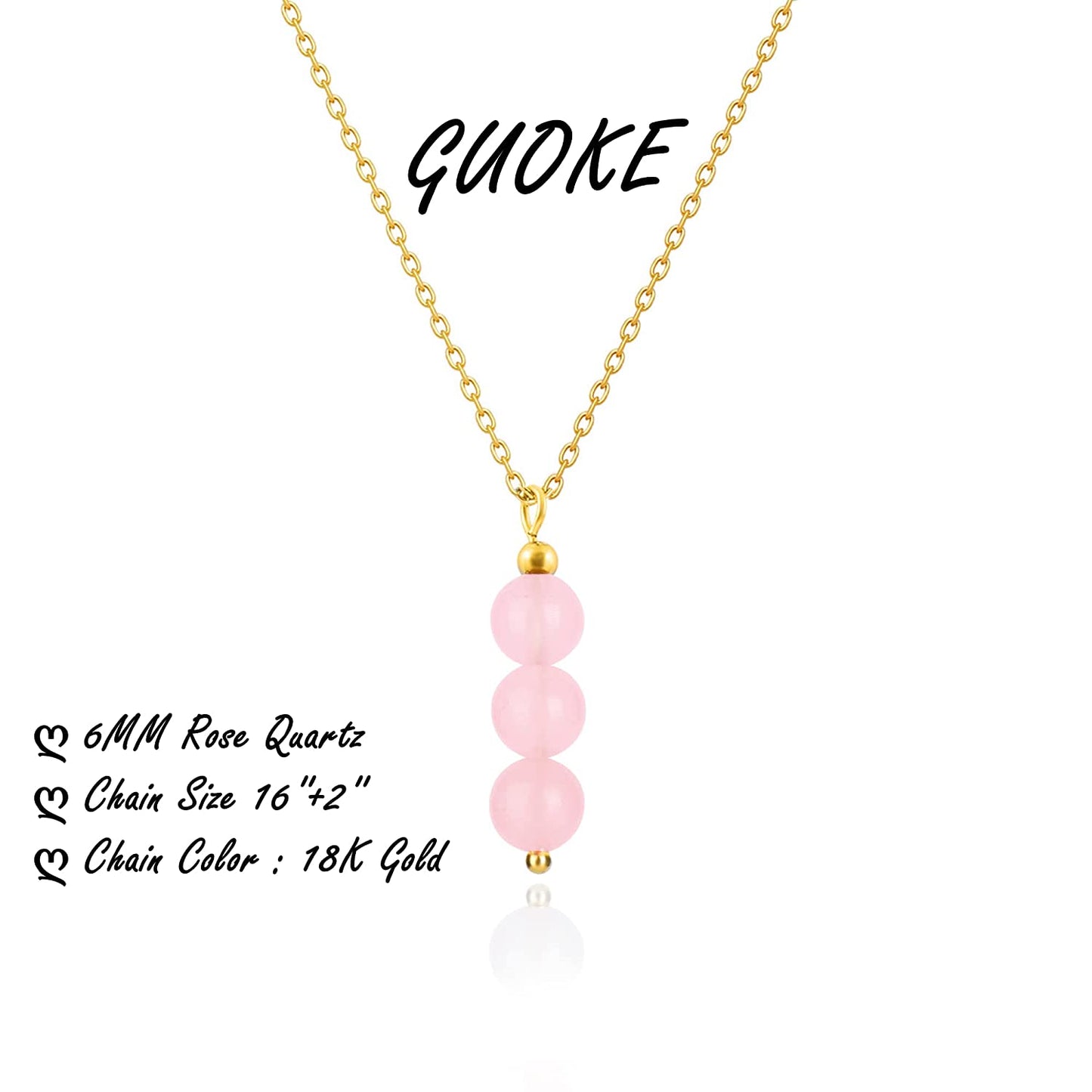 Rose Quartz October Birthstone Necklace,18K Gold Adjustable Chain 6MM Beads Handmade Pendant