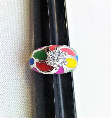R.S. Covenant 709 Silver Cz & Multi Color Enamel Ring Size  10  (10)