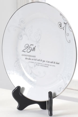 Roman 61208  25th Wedding Anniversary Love Sees with the Heart Porcelain Plate with Stand