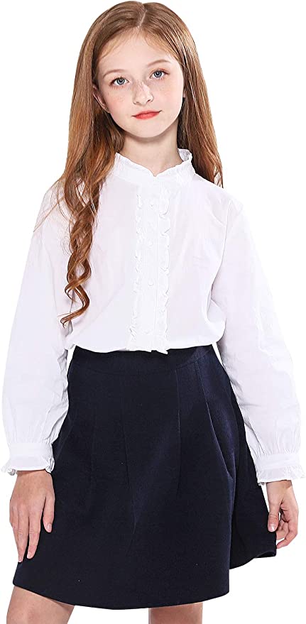 Girls White Blouse Ruffle Long Sleeve Button Down Loose Soft Spring/Summer, 11/12Y