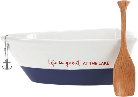 Pavilion 67541 Stoneware Boat Dish Server W/ Wooden Oar Scoop Life Is At The Lake, Blue 12oz