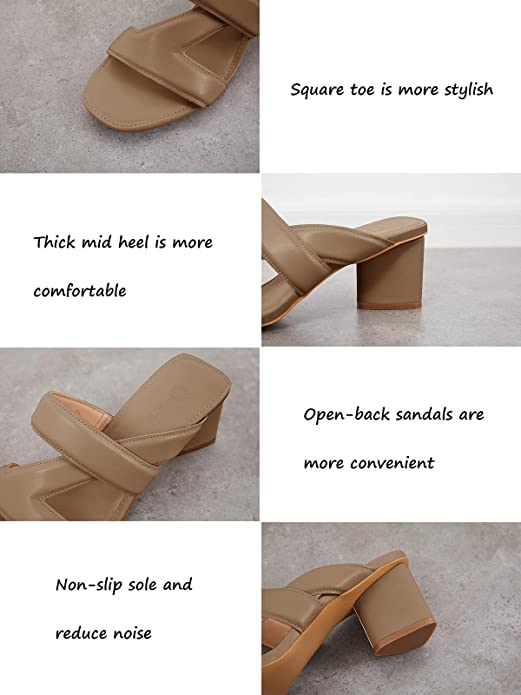 Women's  Heeled Sandals Square Open Toe Backless Block Double Straps Coffee, Size 7