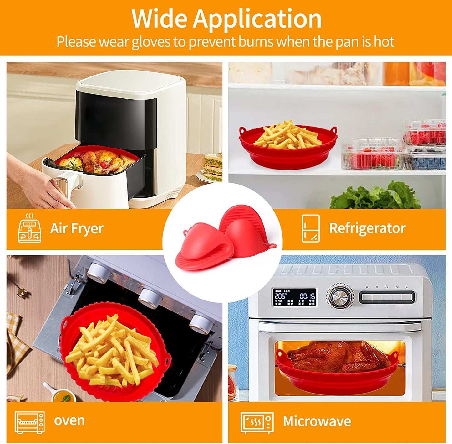 2PC Round Silicone Air Fryer Liners Reusable with Heatproof Gloves, Pink + Red