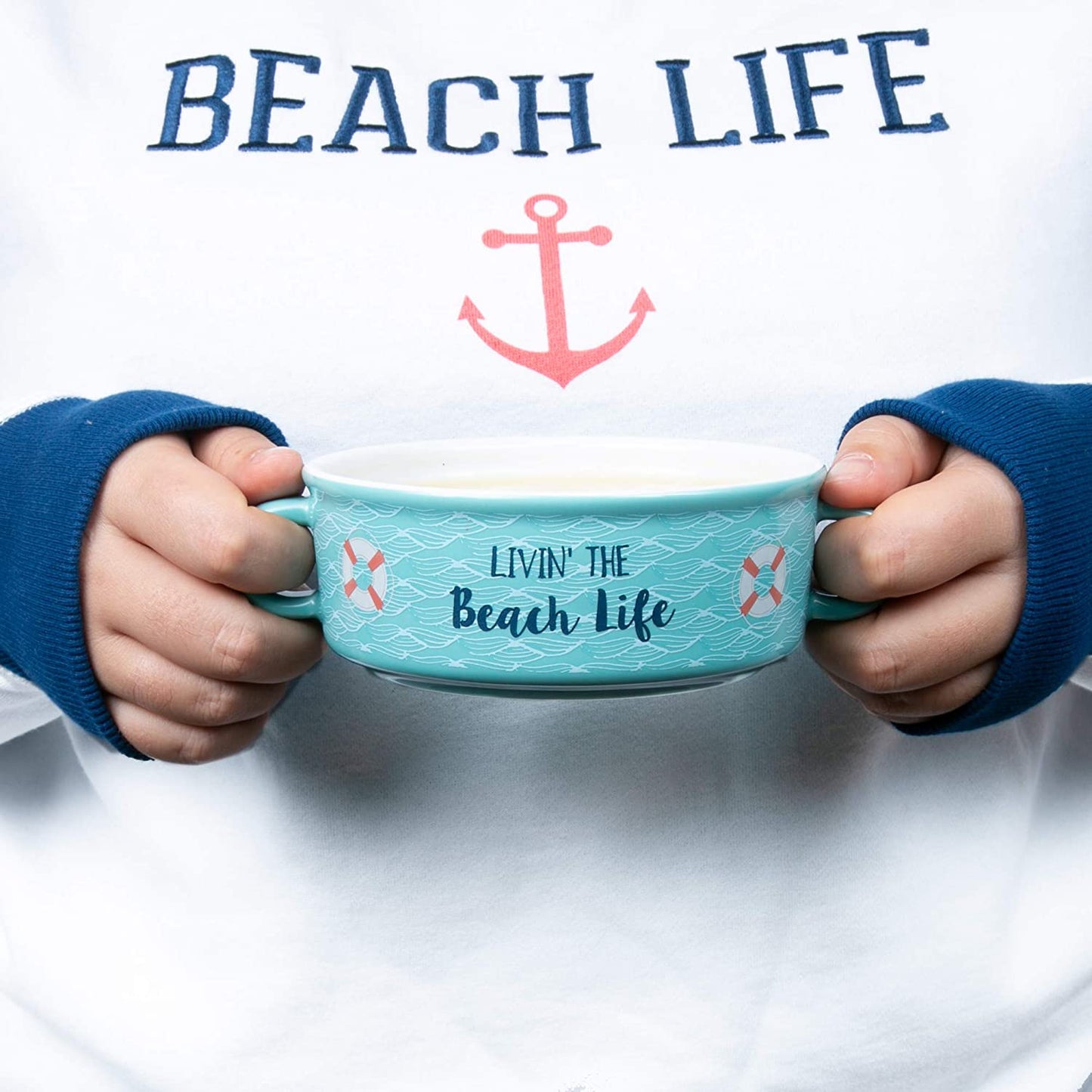 Pavilion 67536 Double Handled Soup Bowl With Lid Livin' The Beach Life, Blue 13.5 oz