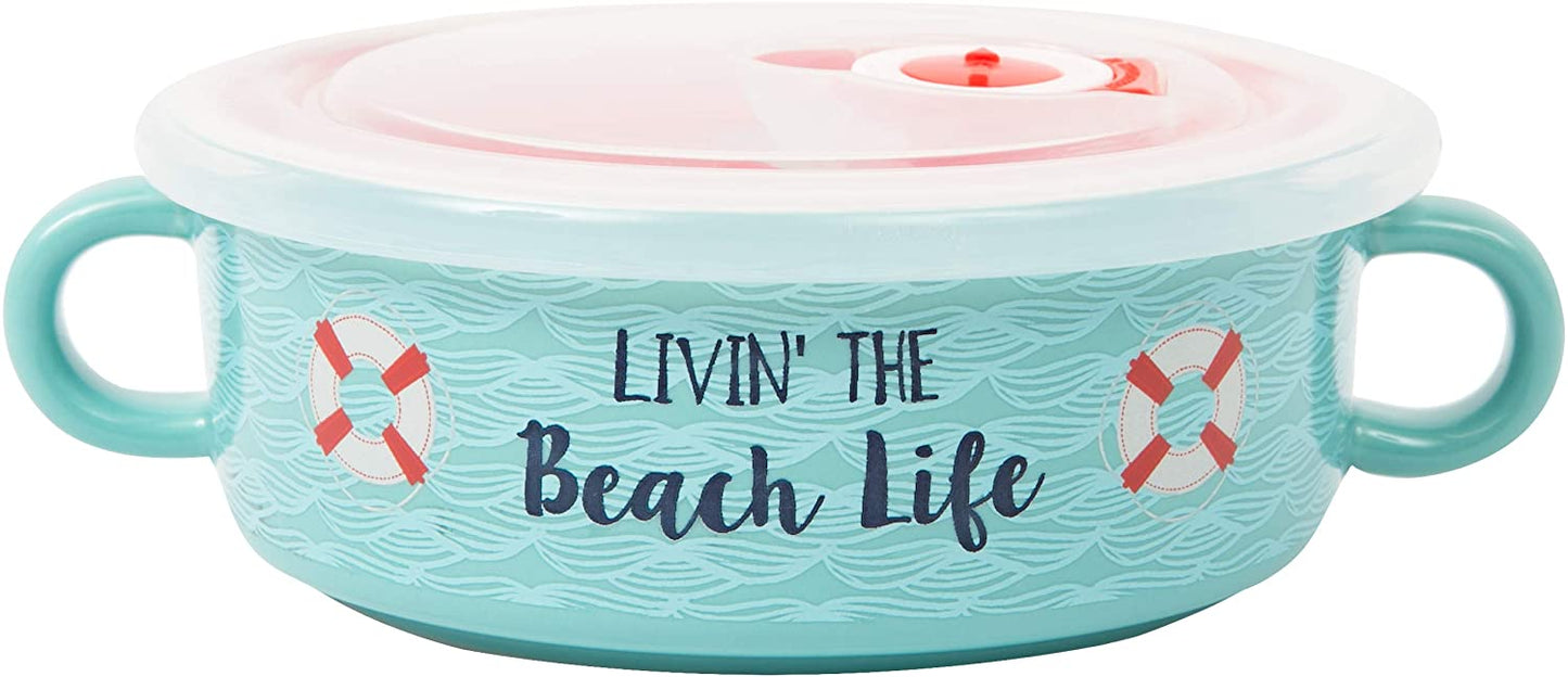 Pavilion 67536 Double Handled Soup Bowl With Lid Livin' The Beach Life, Blue 13.5 oz