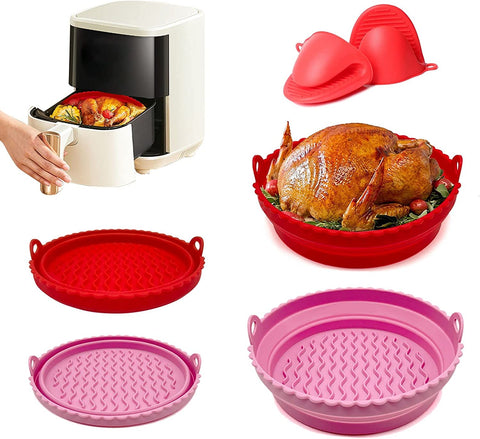 2PC Round Silicone Air Fryer Liners Reusable with Heatproof Gloves, Pink + Red